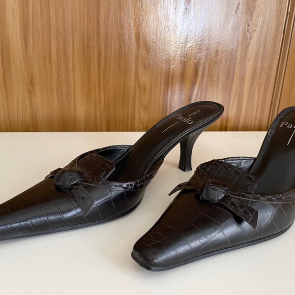 Paola Linea Black Mules w/ Alligator & Bow Accent Size 7 1/2 M - Picture 7 of 10